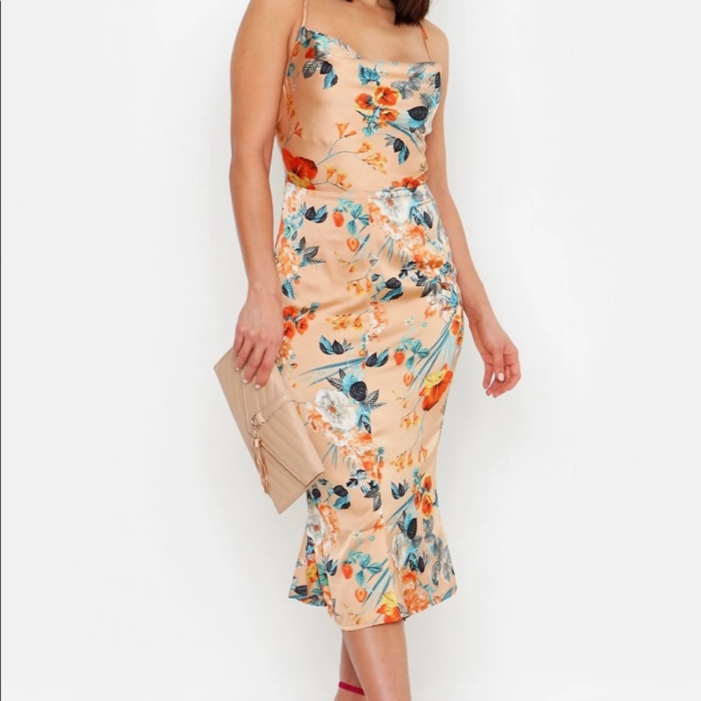 Satin Floral Cowl Neck Slip Dress